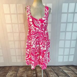 Anthropologie Vanessa Virginia Hot Pink White Jacquard Fit & Flare Dress Size 4